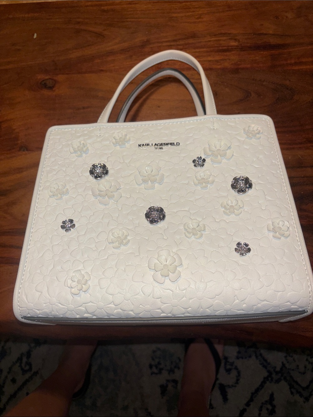 Karl Lagerfeld White Floral Appliqué Satchel with Crystal Accents